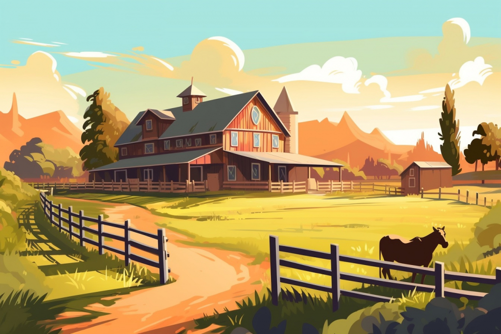 Cartoon beautiful horse farm.