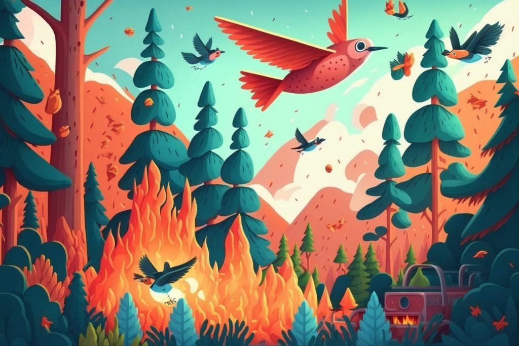Cartoon birds are extinguishing the forest.