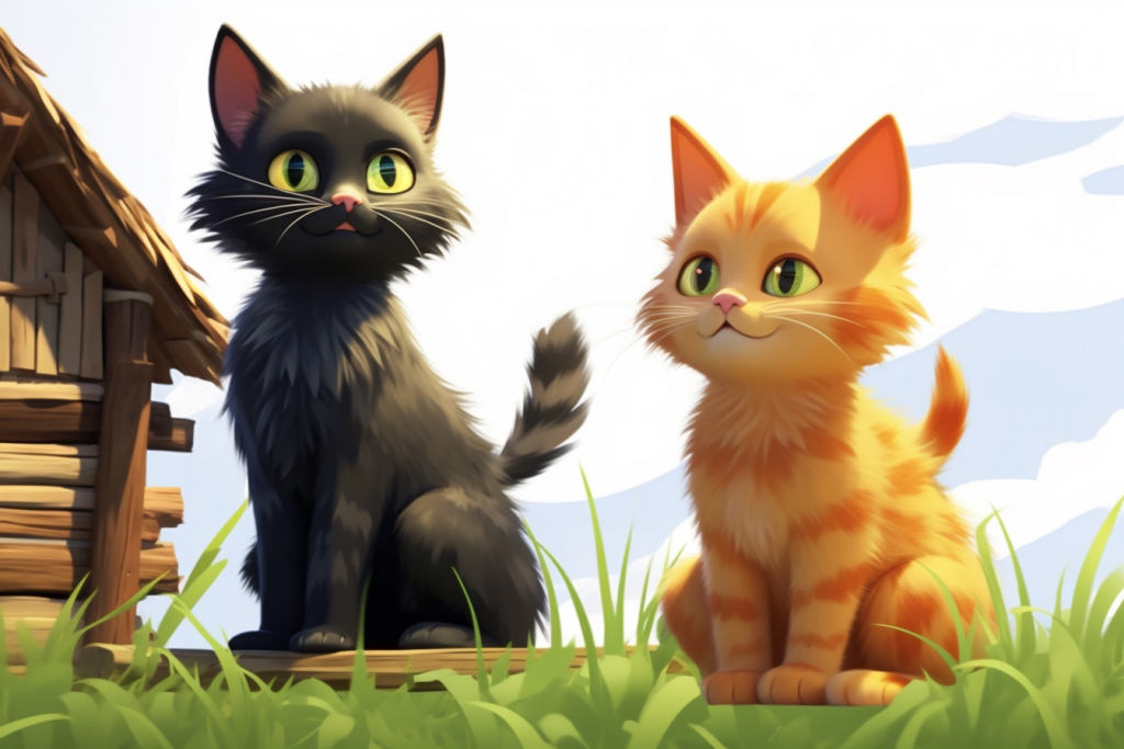 Cartoon black cat with the ginger cat on the grass.