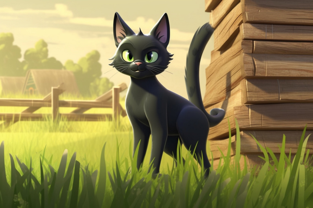 Cartoon black cat standing on the grass and hunting.