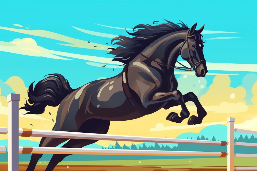 Cartoon black horse jumping over obstacle.