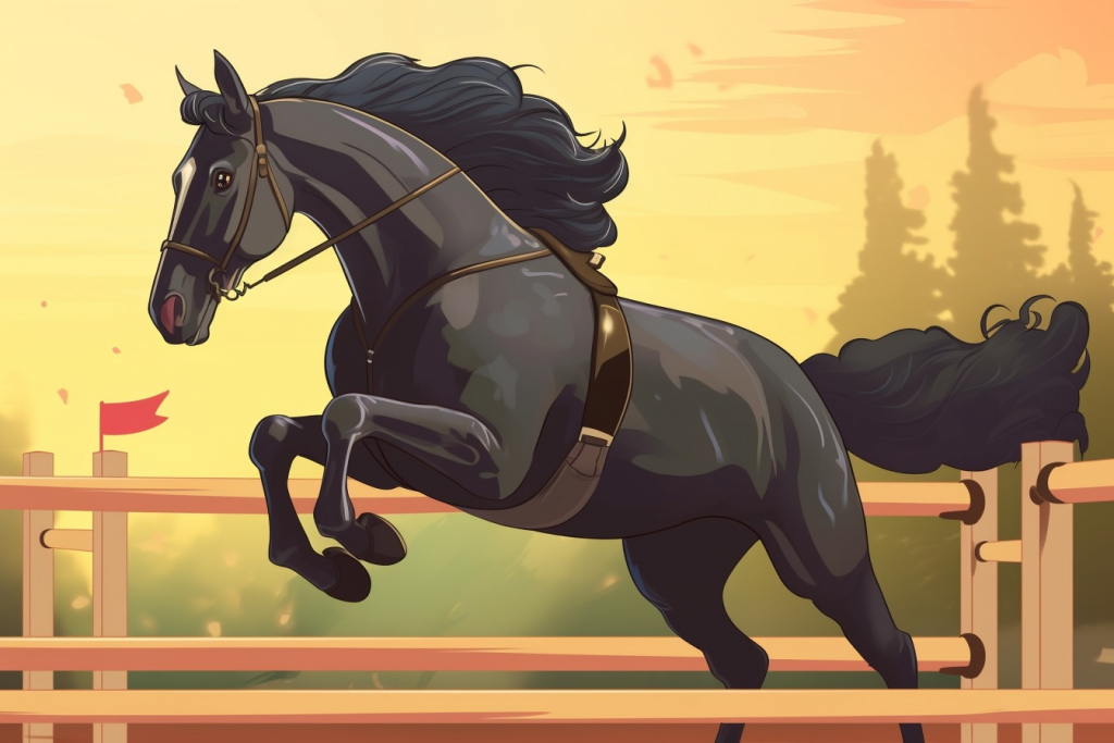 Cartoon black horse jumping over the obstacle.