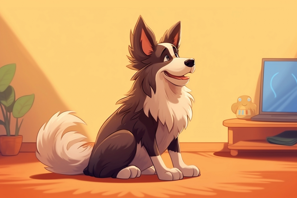 Cartoon border collie standing in the living room.