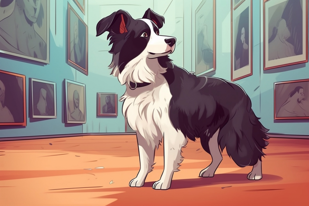 Cartoon Border collie in the museum.