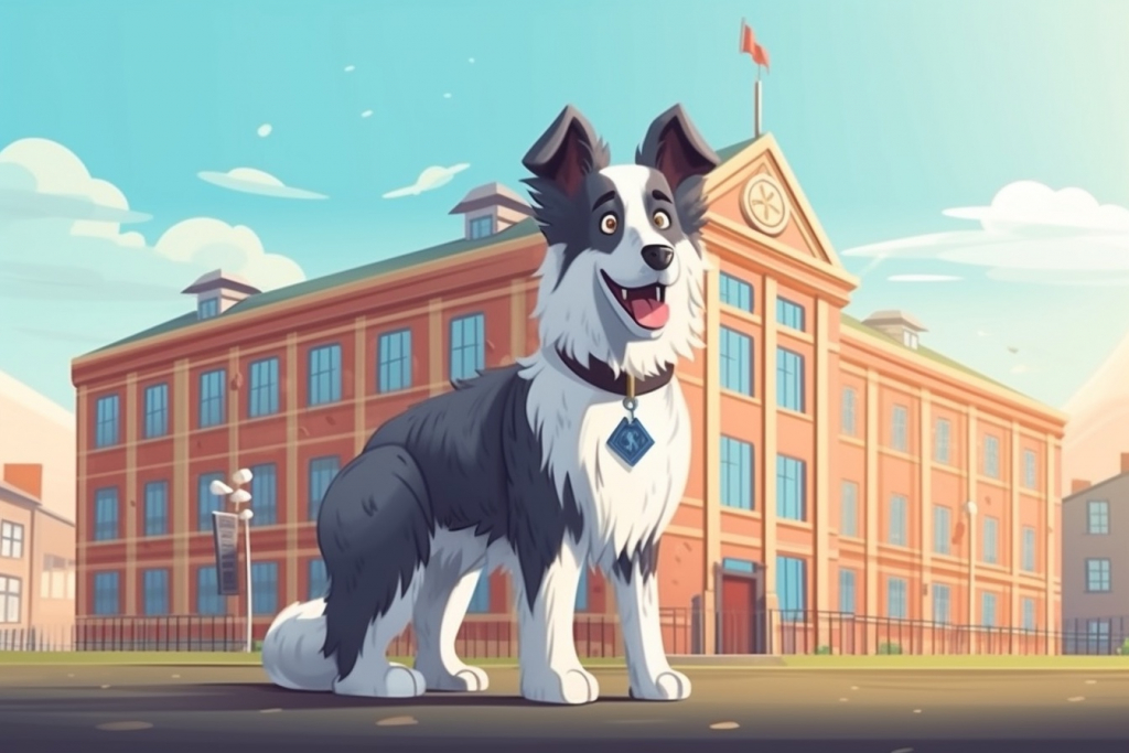 Cartoon border collie in front of police station.