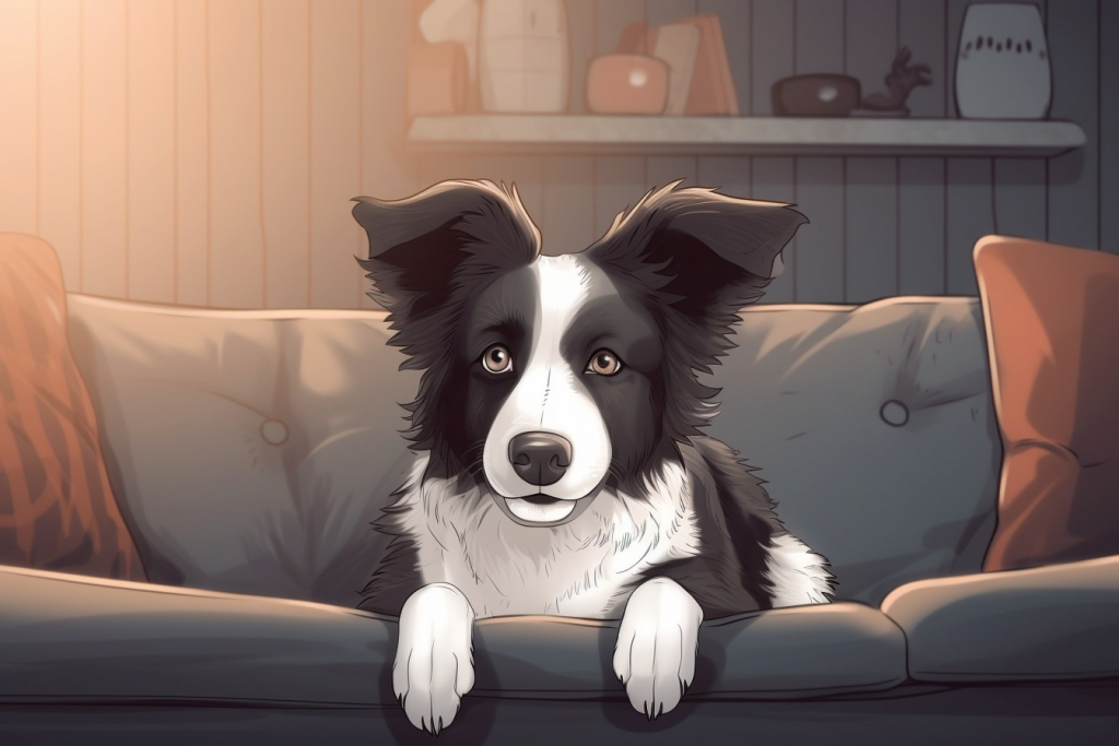 Cartoon border collie sitting on the sofa.