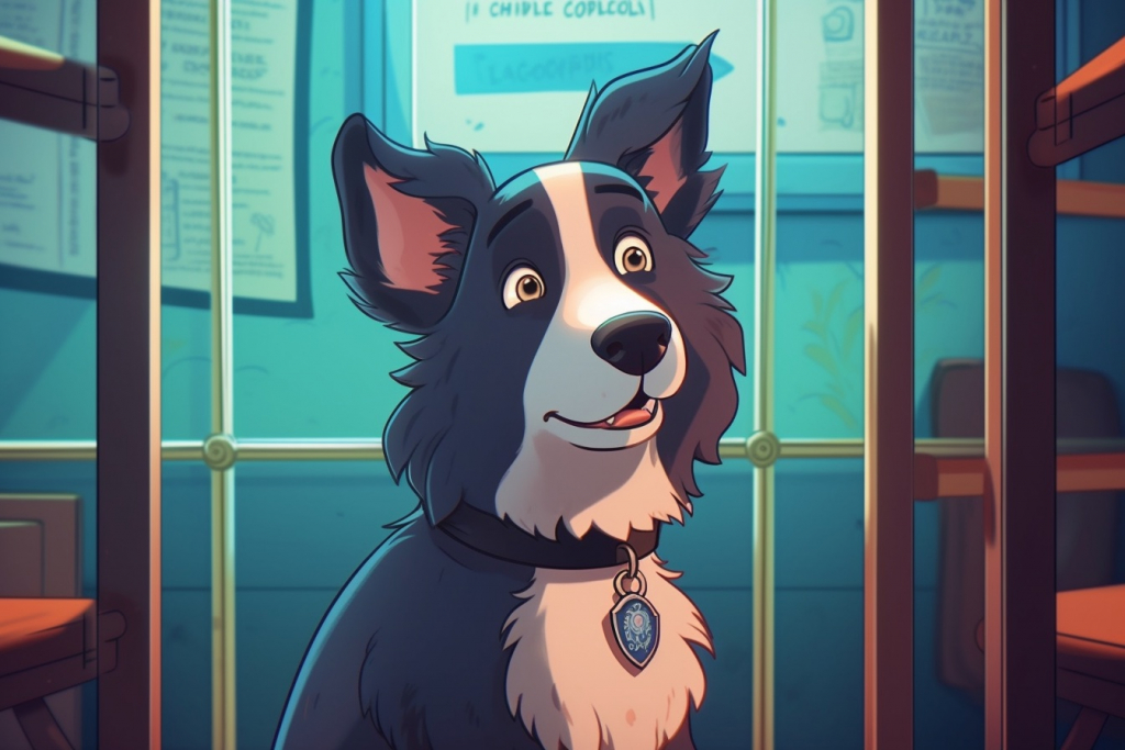 Cartoon border collie in the police station.