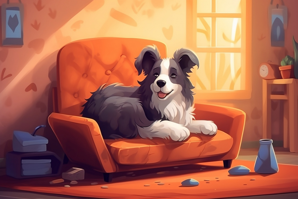 Cartoon border collie lying on the couch by the window.