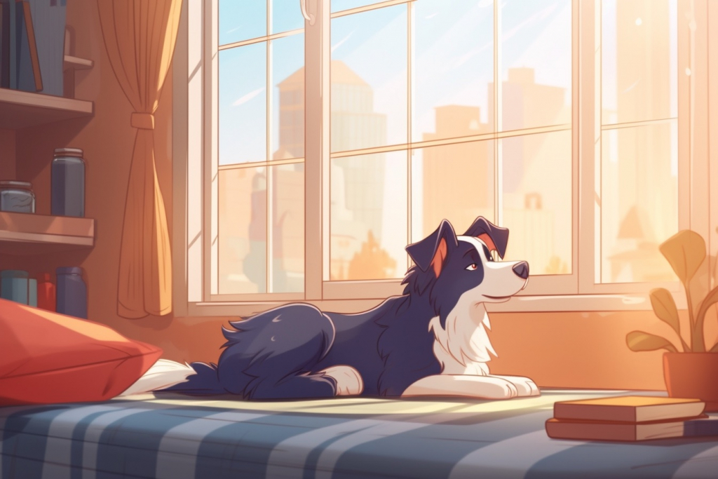 Cartoon border collie lying on the bed by the window.