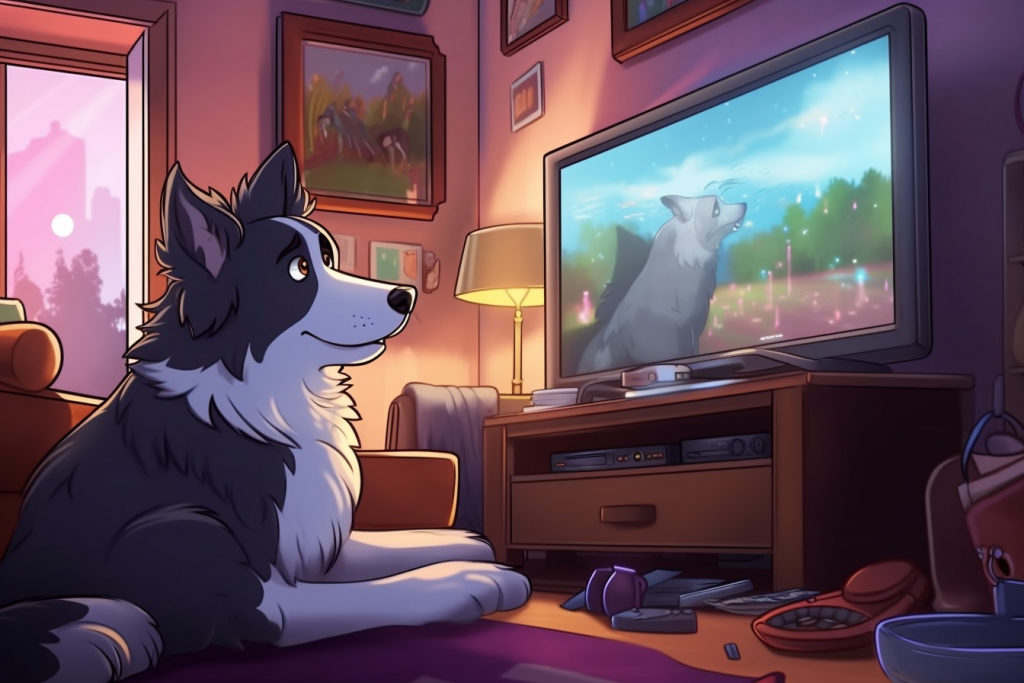 Cartoon border collie watching TV.