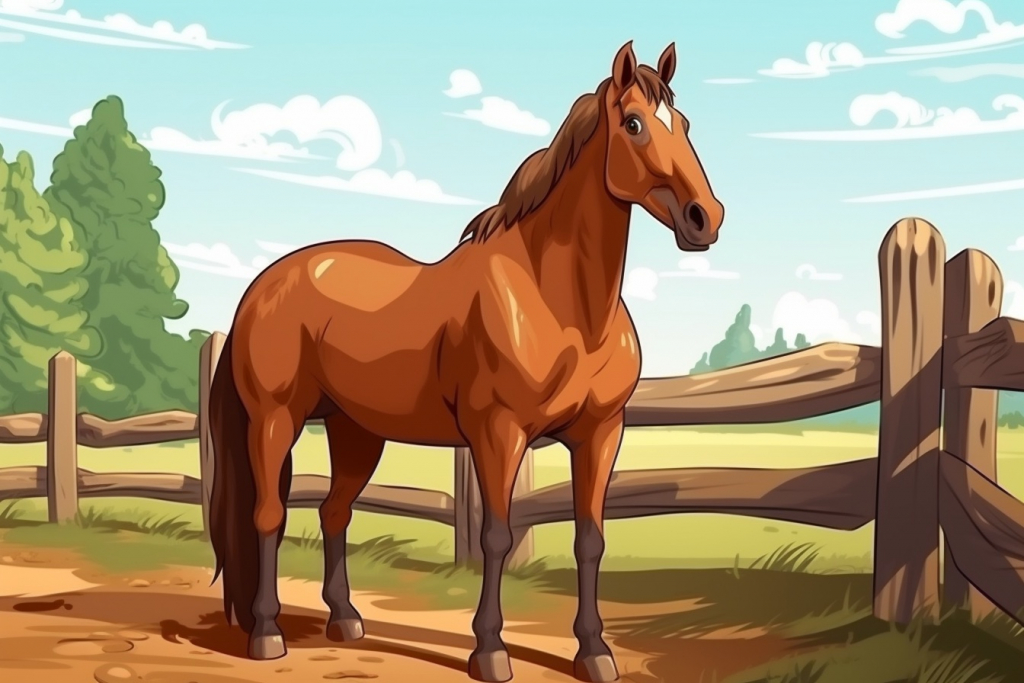 Cartoon brown horse standing close to wooden fence.