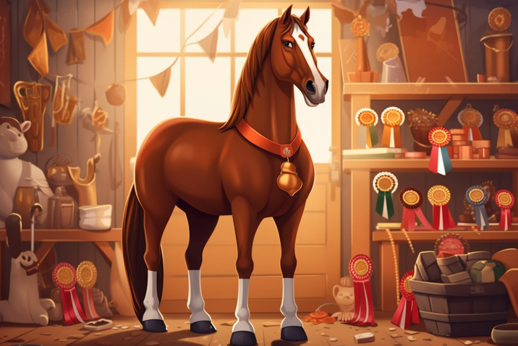 Cartoon brown horse with his trophies on the wall.
