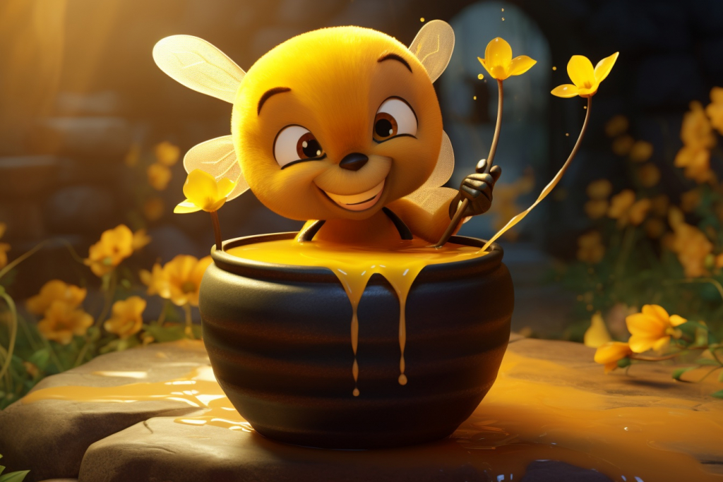 Cartoon bumblebee in the bowl of honey.