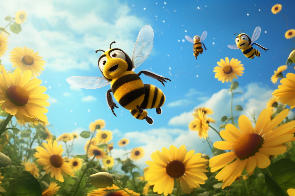 Cartoon bumblebees in the sunflower field.