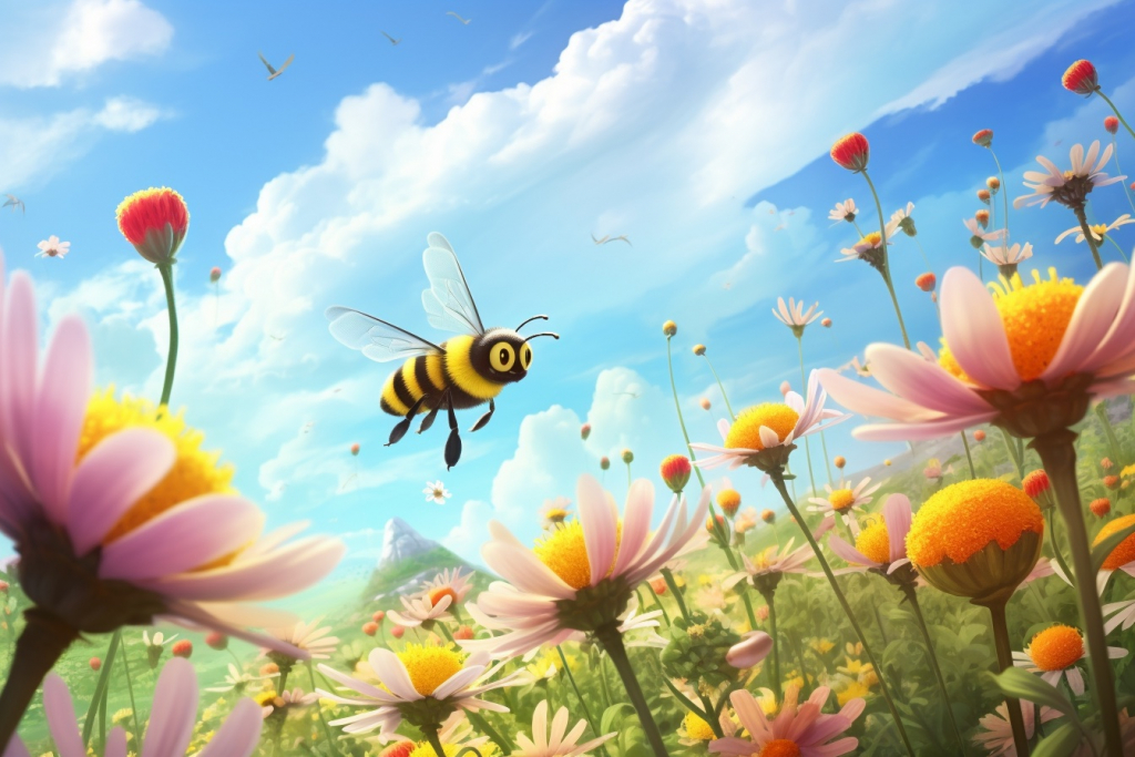 Cartoon bumblebee above flowers in the meadow.