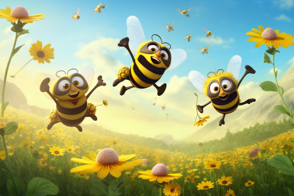 Cartoon bumblebees in the sunflower field.