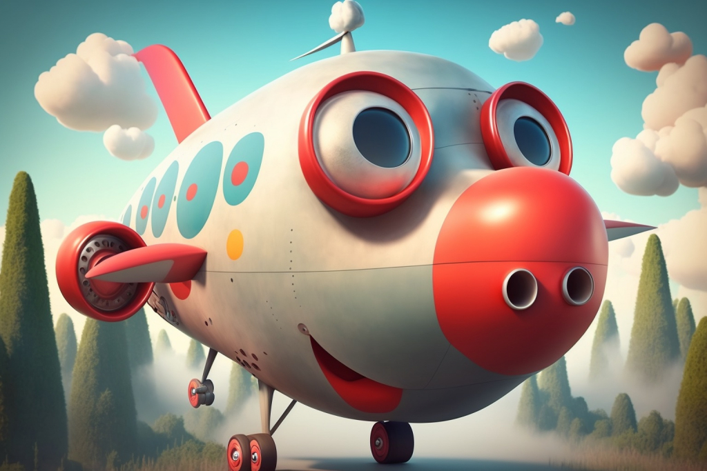 Cartoon cute airplane with red nose and wings.