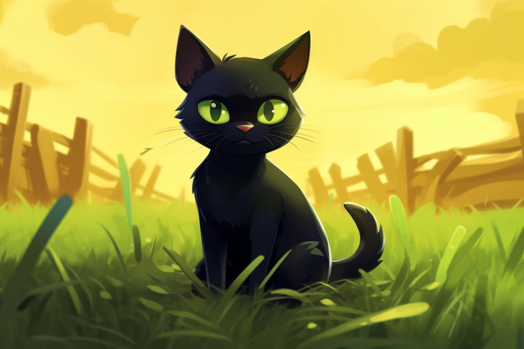 Cartoon black cat on the grass.