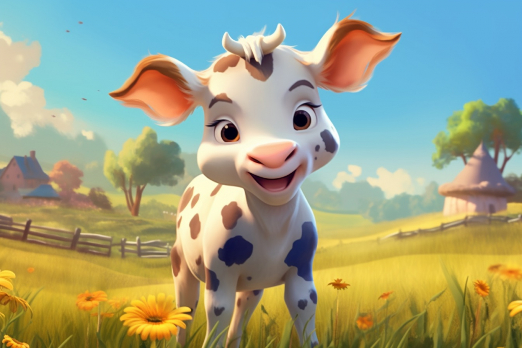 Cartoon cow standing in the field.