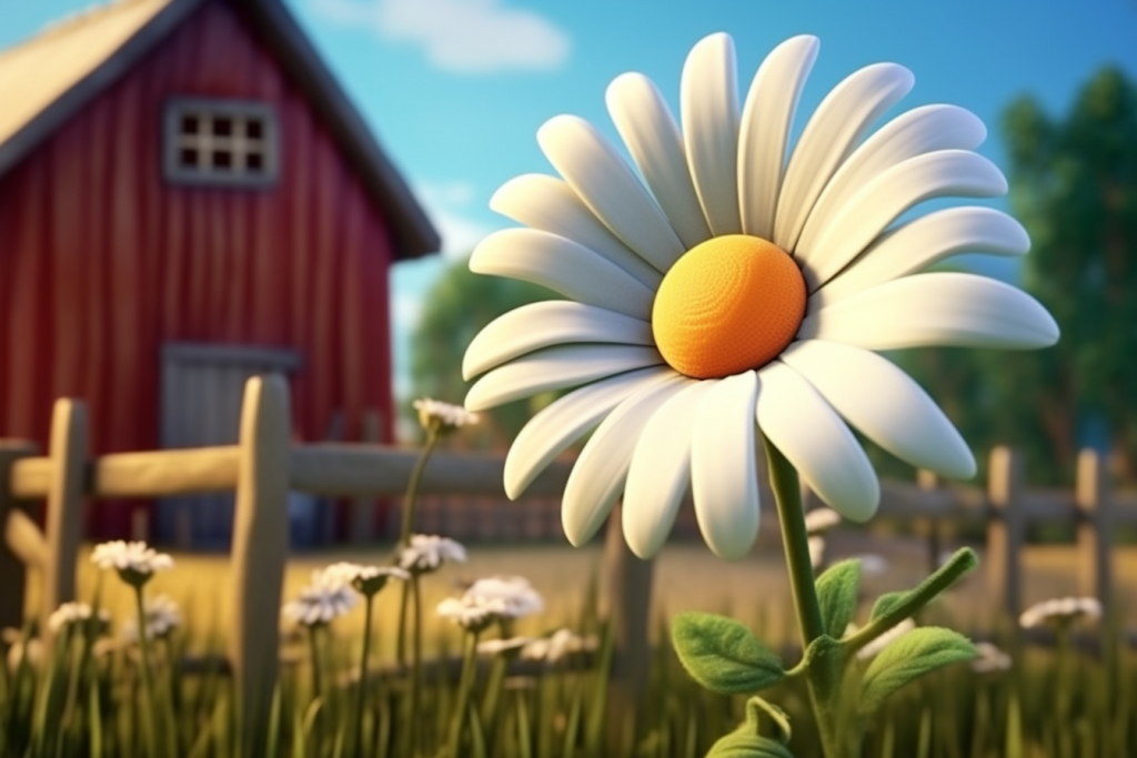 Cartoon daisy in front of the farm.