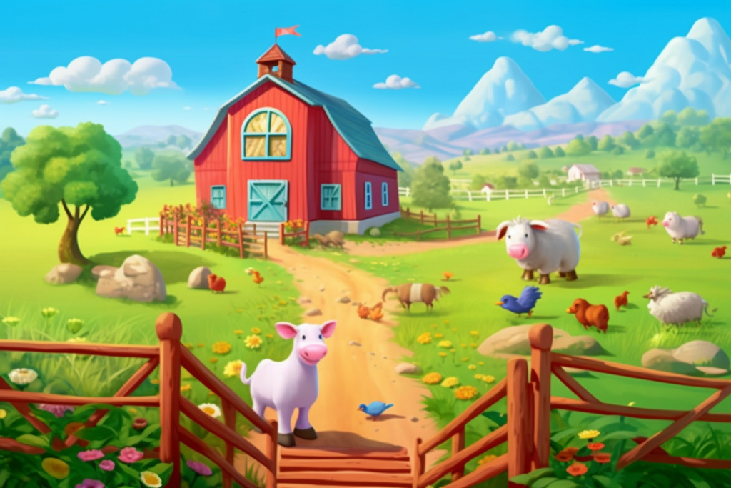 Cartoon farm with house and animals.