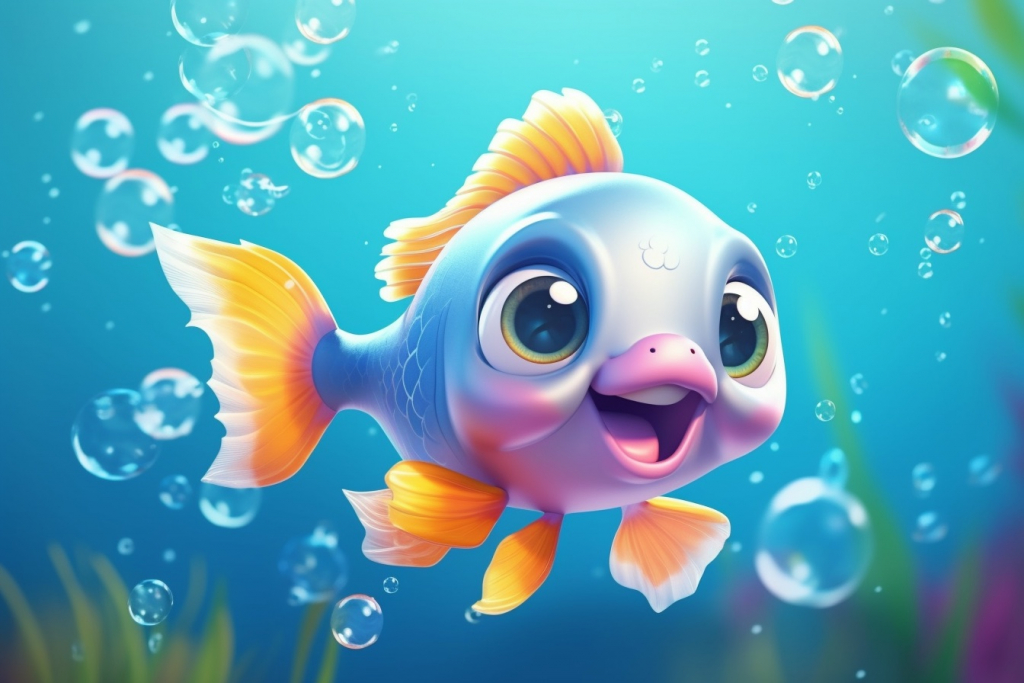 Cartoon colorful fish around bubbles with a cute smile.