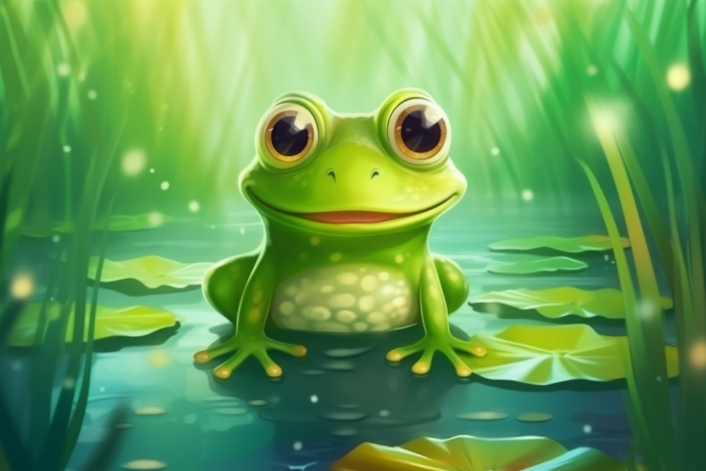 Cartoon green frog sitting on a burdock in a pond.