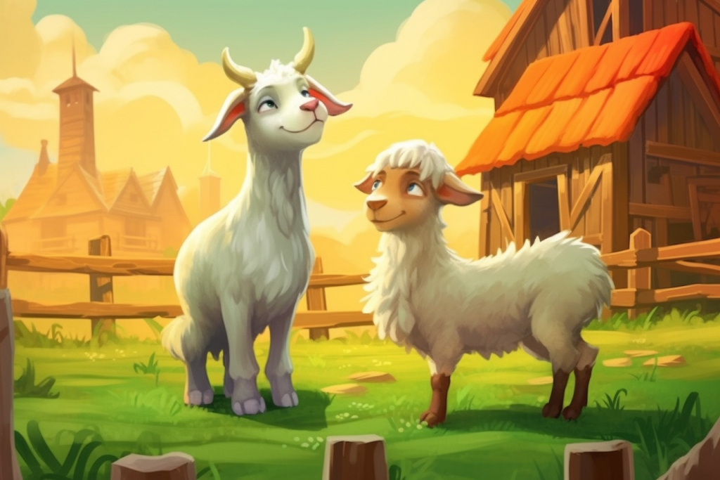 Cartoon lamb with the goat on a green grass.
