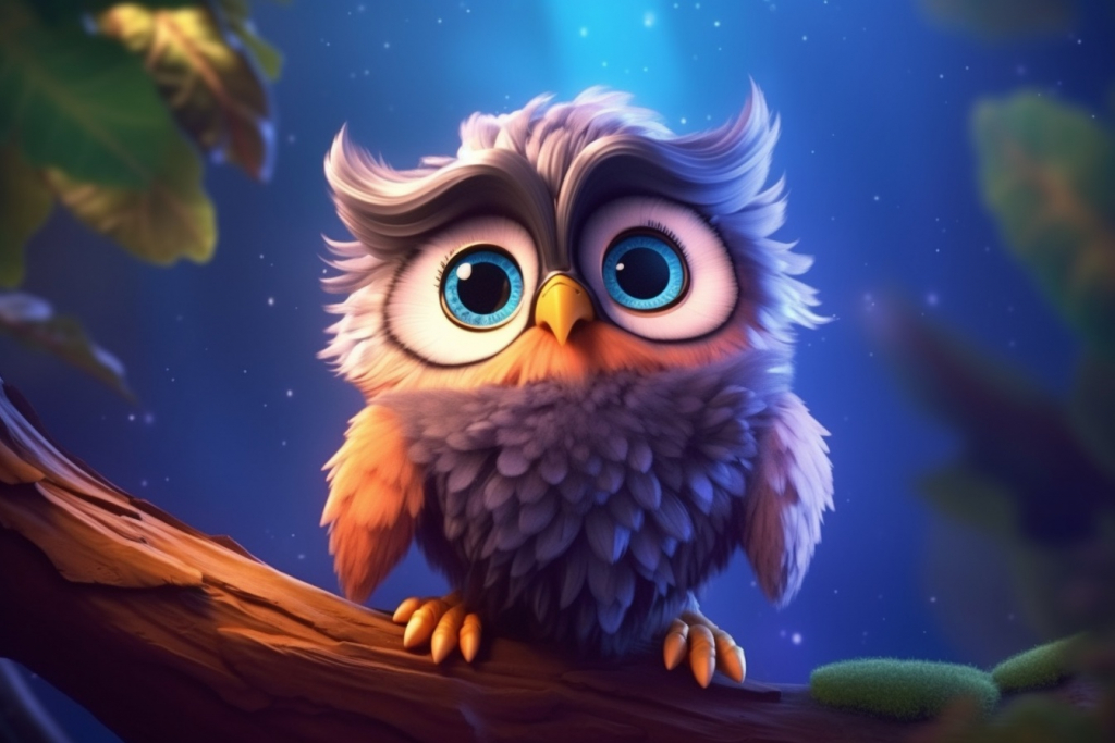 Cartoon owl with big blue eyes standing on a branch.