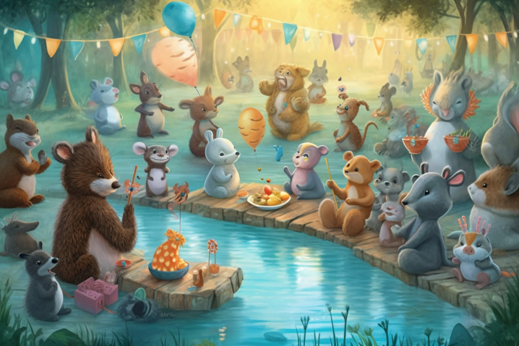 Cartoon pond party with many cute animals.