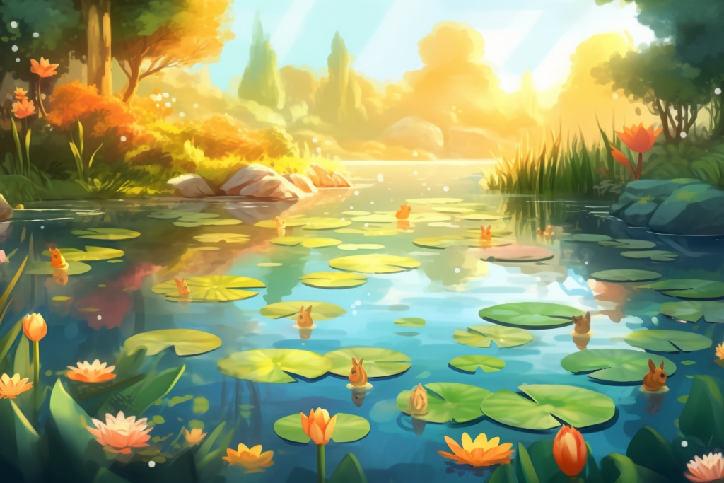 Cartoon colorful pond at sunset.