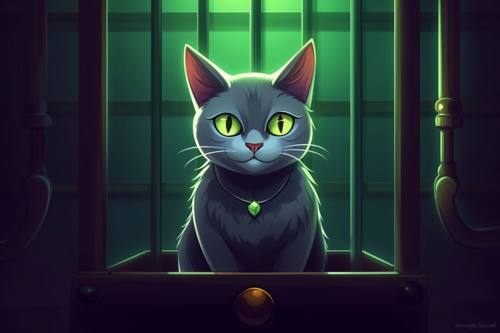Cartoon cat behind the bars in the prison.