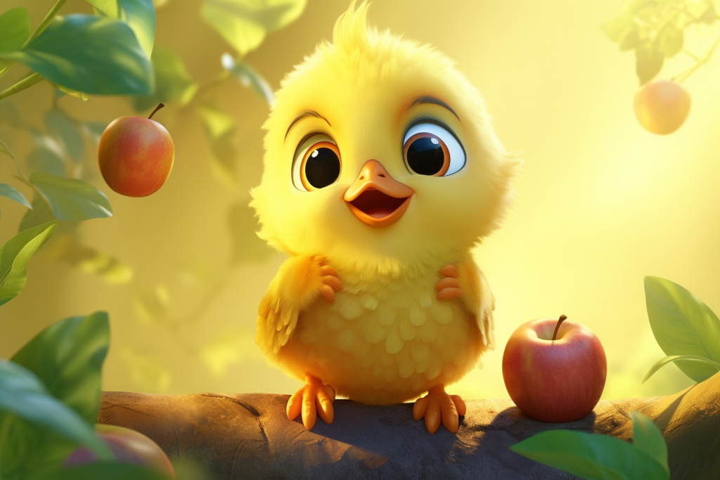 Cartoon cute small chick with the apple.