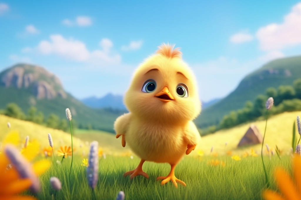 Cartoon cute small chick in the meadow.