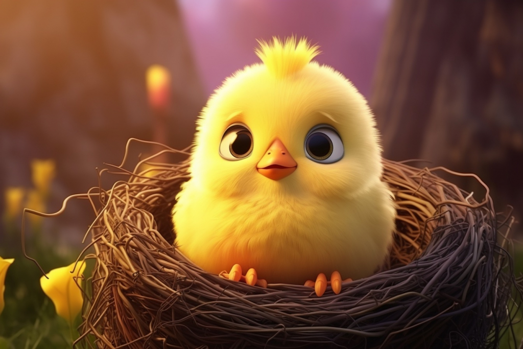 Cartoon cute small chick in the nest.