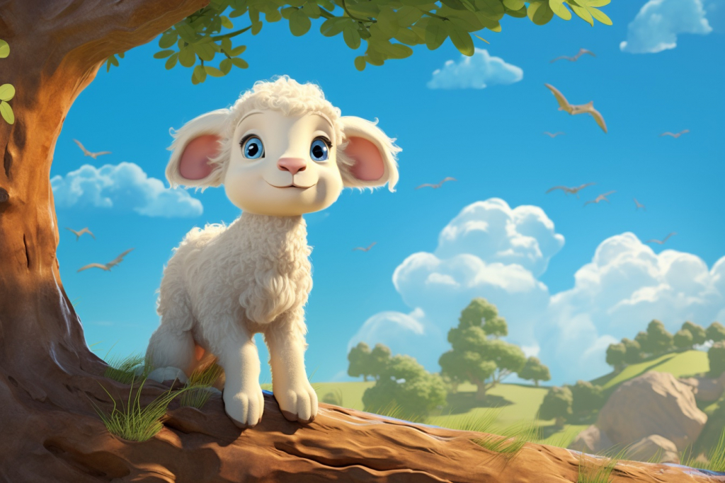 A cute cartoon white lamb with a pink cheeks with curious face expression standing on a grass by a tree.