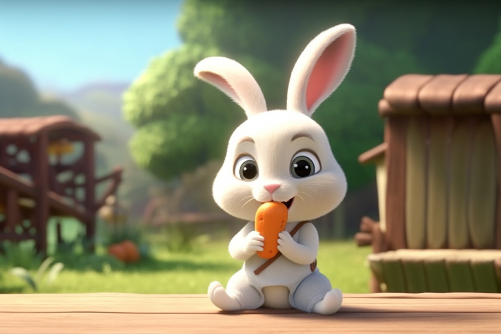 Cartoon cute white bunny holding his carrot.