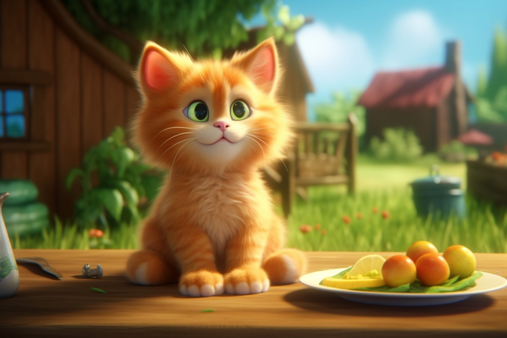 Cute ginger cartoon cat with the plate full of veggies.