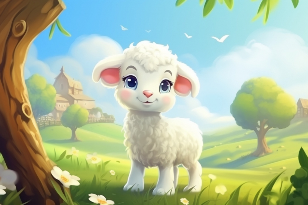A cute cartoon white lamb with a pink cheeks and lovely smile standing on a grass.
