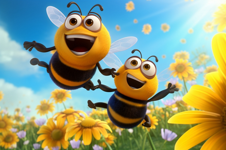 Cartoon two bumblebees in the sunflower field.