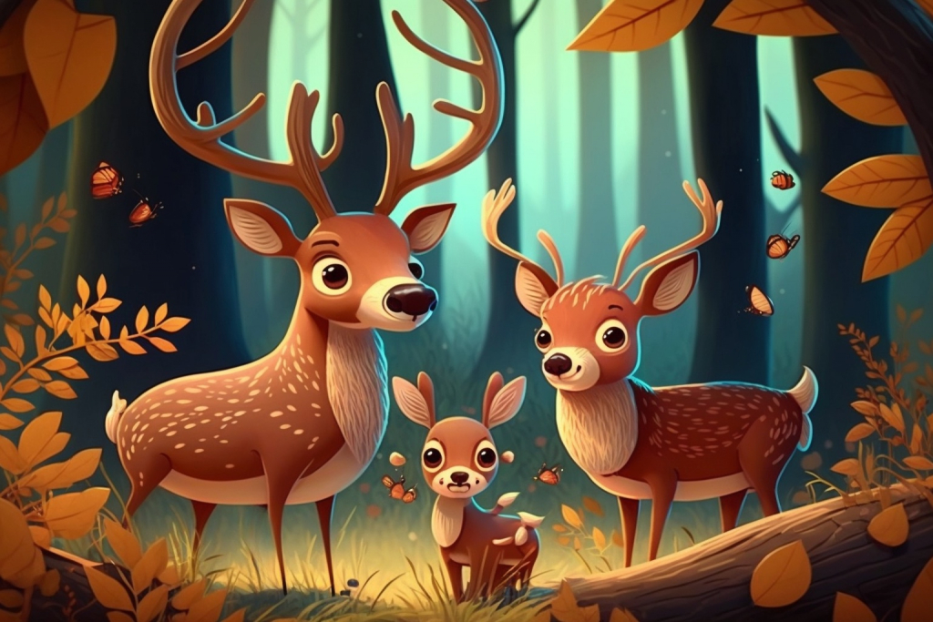 Cartoon deer family in the forest.