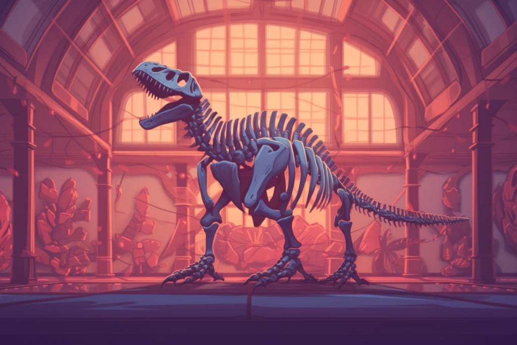 Cartoon dinosaur skeleton in the museum.