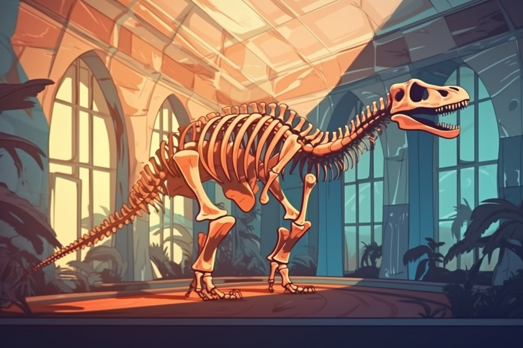 Cartoon dinosaur skeleton in the museum.