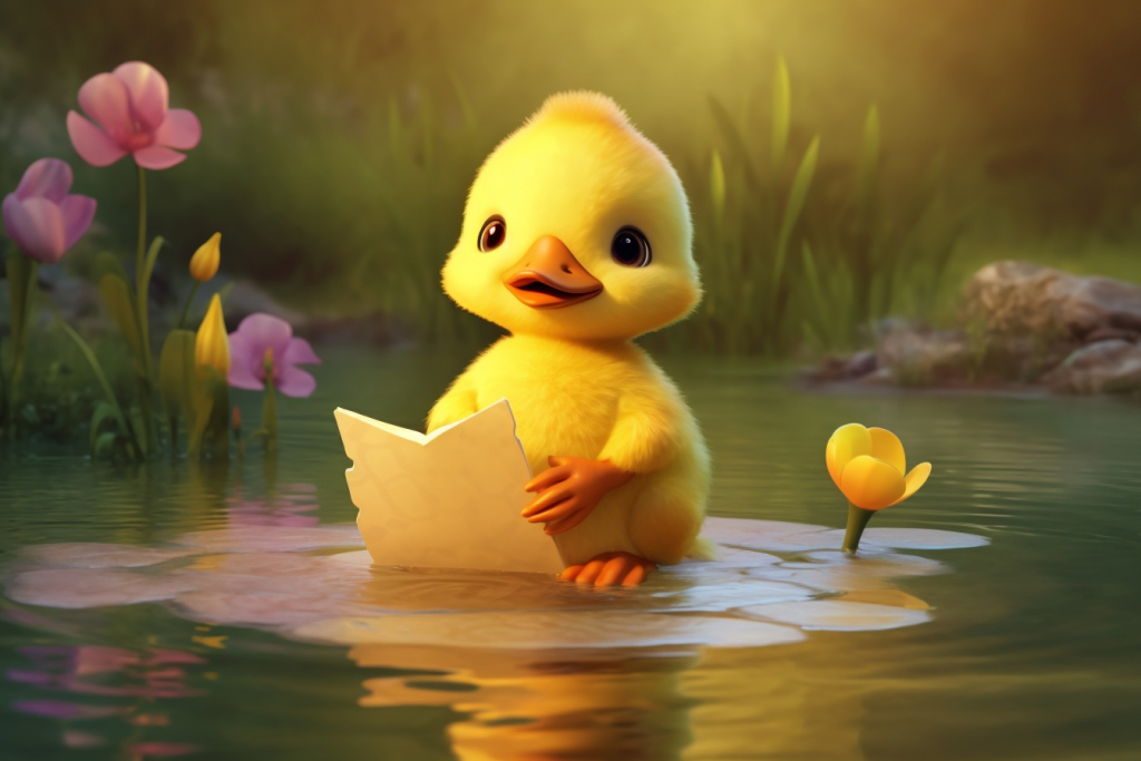 Cartoon yellow duck delivering invitations.