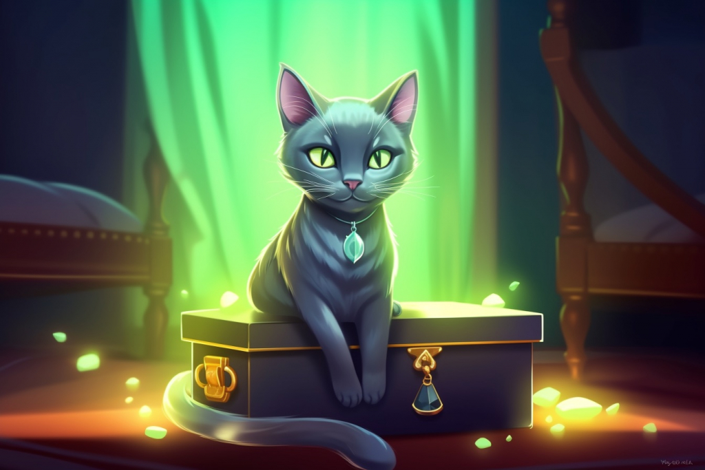 Cartoon elegant cat sitting on a magic chest.