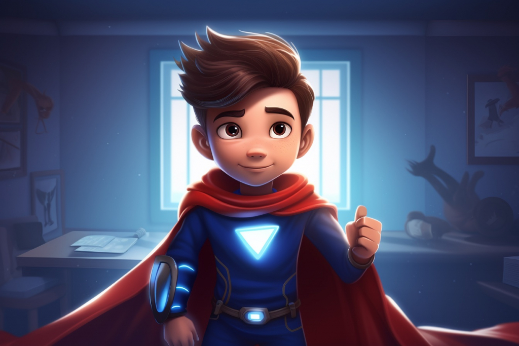 Cartoon young superhero in his blue-red suit.