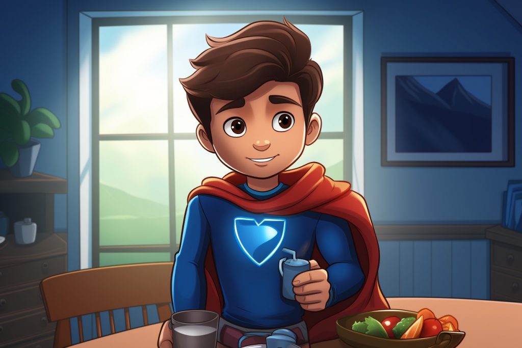 Cartoon young superhero with healthy food on the table.