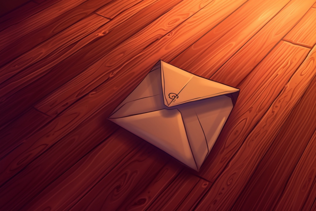 Cartoon envelope laying on the wooden floor.