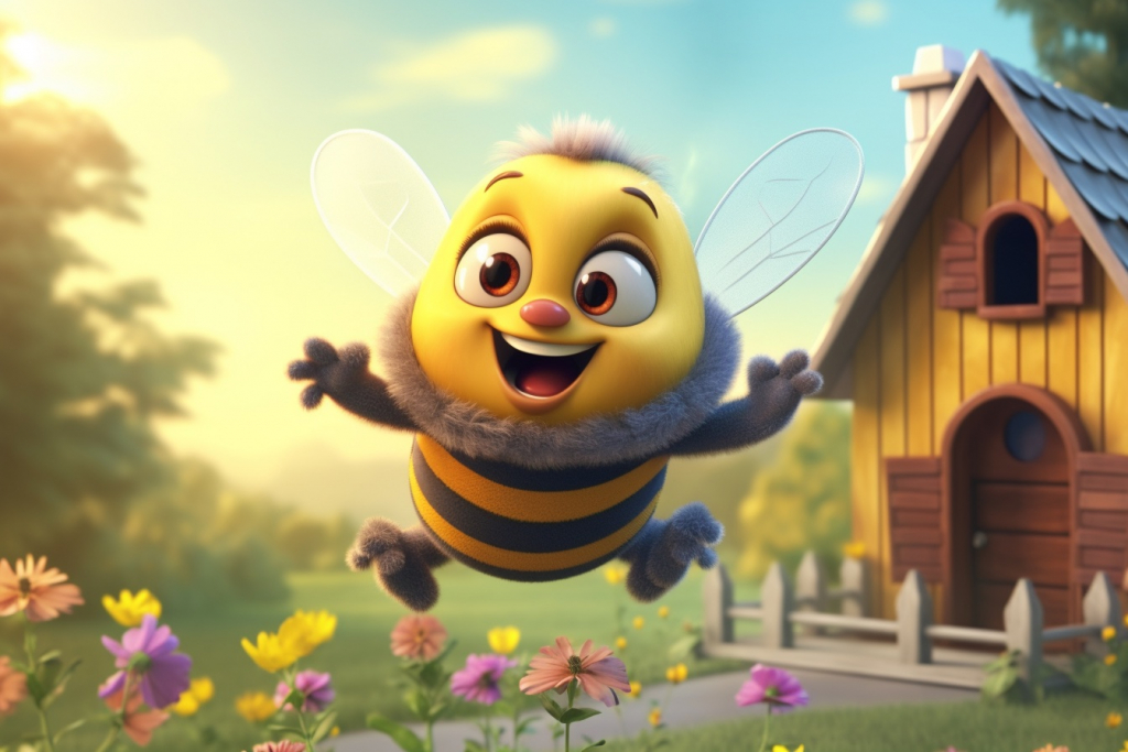 Cartoon excited bumblebee jumping in the meadow.