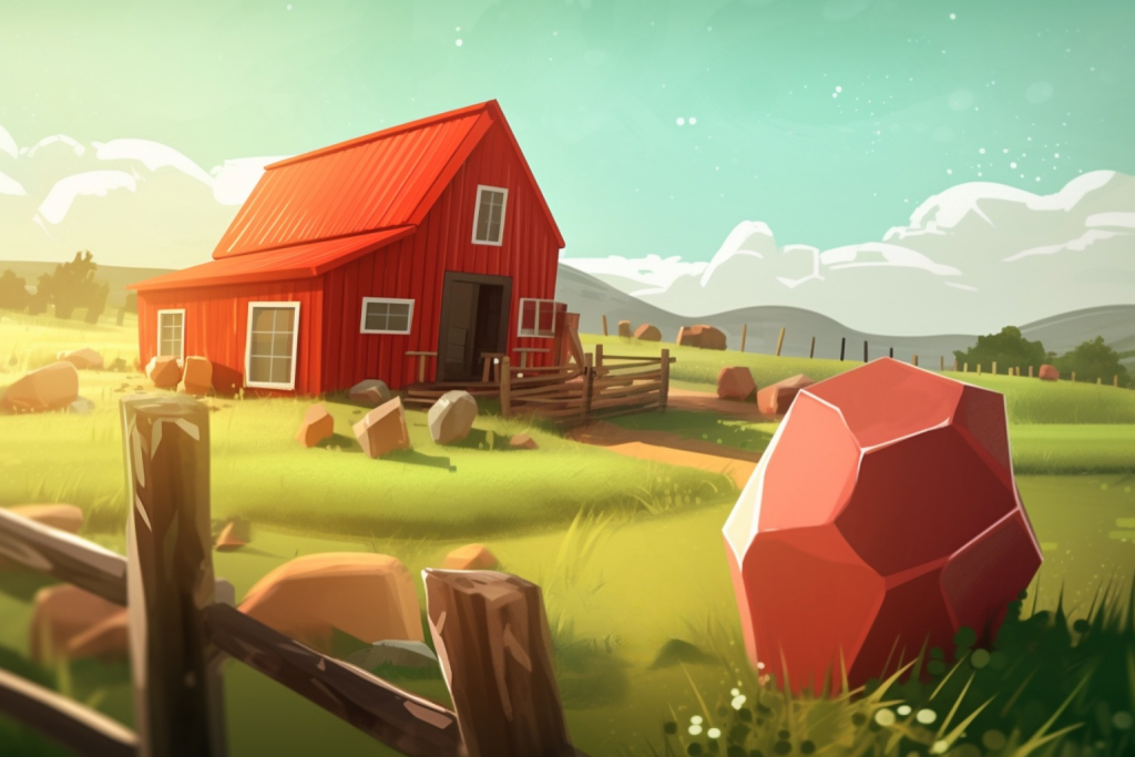 Cartoon farm with the huge red crystal.